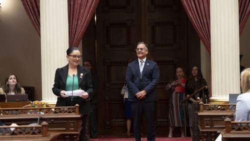 2025 Latino Spirit Award Honoree Luis Armona being introduced to Senators by Latino Caucus Chair, Senate Majority Leader Lena Gonzalez