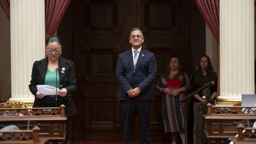 2025 Latino Spirit Award Honoree Luis Armona being introduced to Senators by Latino Caucus Chair, Senate Majority Leader Lena Gonzalez