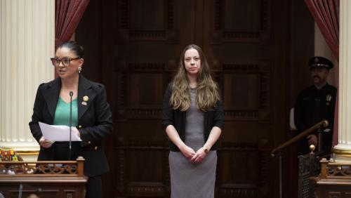 2025 Latino Spirit Award Honoree La Peña Cultural Center (Exec. Director Consuelo Tupper Hernandez) being introduced to Senators by Latino Caucus Chair, Senate Majority Leader Lena Gonzalez