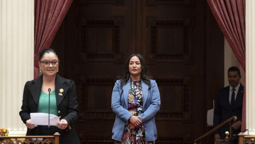 2025 Latino Spirit Award Honoree Luisa Ortega, Ed.D. being introduced to Senators by Latino Caucus Chair, Senate Majority Leader Lena Gonzalez