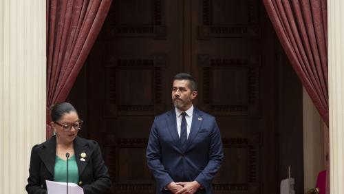2025 Latino Spirit Award Honoree Rene Ramirez, M.D. being introduced to Senators by Latino Caucus Chair, Senate Majority Leader Lena Gonzalez