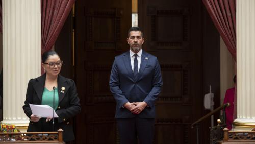 2025 Latino Spirit Award Honoree Rene Ramirez, M.D. being introduced to Senators by Latino Caucus Chair, Senate Majority Leader Lena Gonzalez