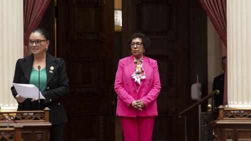 2025 Latino Spirit Award Honoree Margarita Rocha being introduced to Senators by Latino Caucus Chair, Senate Majority Leader Lena Gonzalez