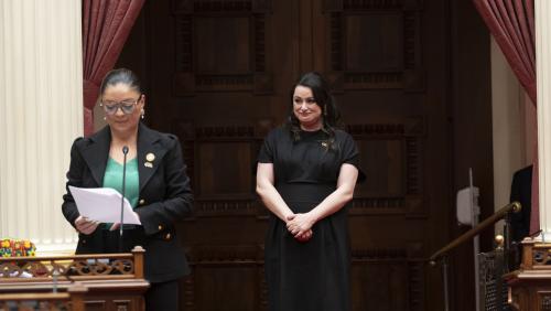 2025 Latino Spirit Award Honoree Marcela Gutiérrez-Graudiņš being introduced to Senators by Latino Caucus Chair, Senate Majority Leader Lena Gonzalez