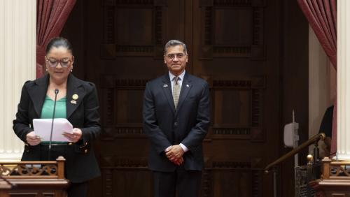 2025 Latino Spirit Award Honoree Hon. Xavier Becerra being introduced to Senators by Latino Caucus Chair, Senate Majority Leader Lena Gonzalez