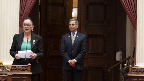 2025 Latino Spirit Award Honoree Hon. Xavier Becerra being introduced to Senators by Latino Caucus Chair, Senate Majority Leader Lena Gonzalez