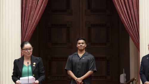 2025 Latino Spirit Award Honoree Jesús Morales being introduced to Senators by Latino Caucus Chair, Senate Majority Leader Lena Gonzalez
