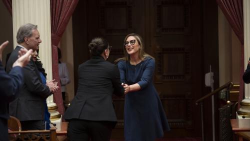 2025 Latino Spirit Award Honoree Angélica Vale being introduced to Senators by Latino Caucus Chair, Senate Majority Leader Lena Gonzalez
