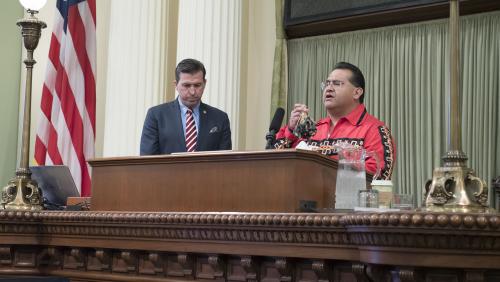 Assemblymember James Ramos performs a blessing song at the beginning of Assembly session as part of the 2019 Latino Spirit Awards celebration