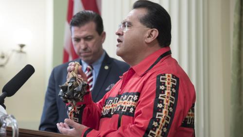 Assemblymember James Ramos performs a blessing song at the beginning of Assembly session as part of the 2019 Latino Spirit Awards celebration