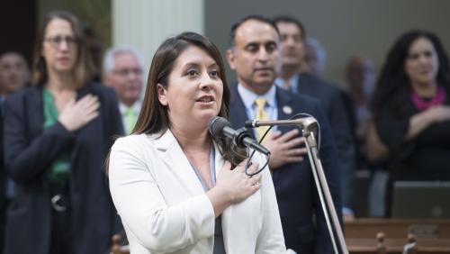 Assemblymember Luz Rivas leads the pledge of allegiance as part of the 2019 Latino Spirit Awards celebration