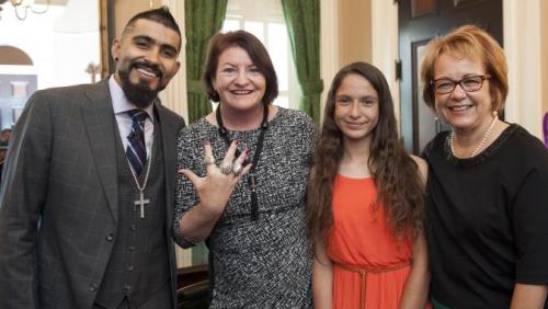 Speaker Toni Atkins poses with Latino Spirit Award honorees Sergio Romo, Blanca Ramirez and Maria Elena Durazo.