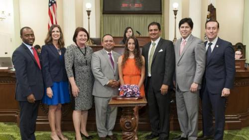 Pictured from left to right: ASM Tony Thurmond, ASM Kristin Olsen, Speaker Toni Atkins, ASM Luis Alejo, LSA Honoree Blanca Ramirez, Senator Ben Hueso, Senate President pro Tempore Kevin de León, ASM Roger Hernandez