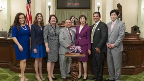 Pictured from left to right: ASM Lorena Gonzalez, ASM Kristin Olsen, Speaker Toni Atkins, ASM Luis Alejo, LSA Honoree Judge Frances Muñoz, Senator Ben Hueso, Senate President pro Tempore Kevin de León