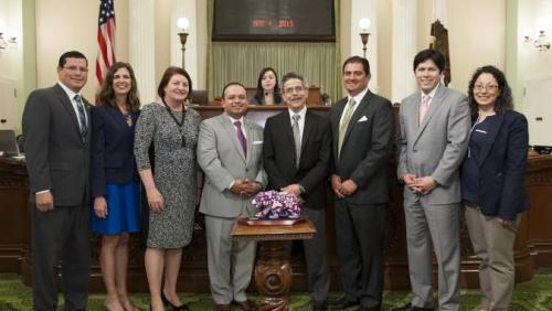 Pictured from left to right: ASM Rudy Salas, ASM Kristin Olsen, Speaker Toni Atkins, ASM Luis Alejo, LSA Honoree Jose Padilla, Senator Ben Hueso, Senate President pro Tempore Kevin de León, ASM Cristina Garcia