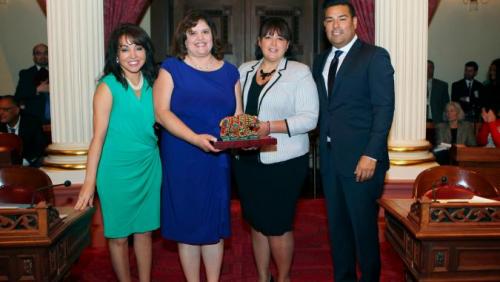 2014 Latino Spirit Award Honoree Hispanas Organized for Political Equality (HOPE) introduced on the Senate Floor. Pictured (from left to right): Carrie Lopez, Helen Iris Torres, Nora Vargas with Latino Caucus Chairman Senator Ricardo Lara