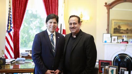 Senate President pro Tempore Kevin De León and Father Miguel Ceja