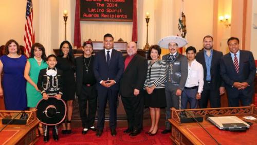 2014 Latino Spirit Award Honorees. Pictured (from left to right): Helen Torres (HOPE), Carrie Lopez (HOPE), Sebastien De La Cruz, Sheila E., Danny Trejo, Latino Caucus Chairman Senator Ricardo Lara, Honorable Cruz M. Bustamante, Judge Irma Elsa Gonzalez, Ezequiel Peña, Mario Gutierrez, Cain Velasquez, and John Quiñones.