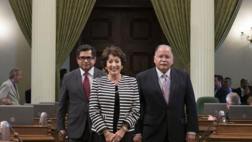 2014 Latino Spirit Award Honoree Judge Irma Elsa Gonzalez, Achievement in Law & Public Service. Honoree Judge Irma Elsa Gonzalez being escorted by Assembly Member Jimmy Gomez and Assembly Member Jose Medina