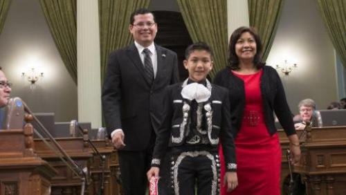 2014 Latino Spirit Award Honoree Sebastien De La Cruz, Dynamic Youth Award. Honoree Sebastien De La Cruz is being escorted by Assembly Member Rudy Salas and Senator Norma J. Torres