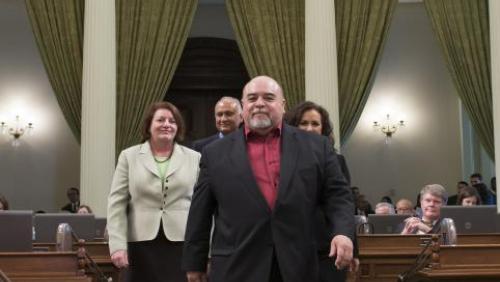 2014 Latino Spirit Award Honoree Cruz Bustamante, Achievement in Public Service. Honoree Cruz Bustamante is being escorted by Assembly Speaker Toni Atkins, Senator Ed Hernandez, and Assembly Member Lorena Gonzalez