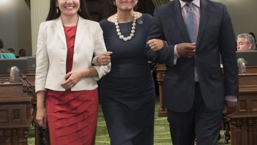 Honoree Sylvia Acevedo (Achievement in Health & Science) escorted by Asm. Monique Limón and Asm. Tony Thurmond