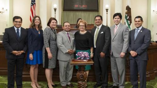 Pictured from left to right: ASM Jimmy Gomez, ASM Kristin Olsen, ASM Luis Alejo, LSA Honoree Maria Elena Durazo, Senator Ben Hueso, Senate President pro Tempore Kevin de León, ASM Miguel Santiago