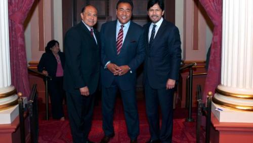 2014 Latino Spirit Award Honoree John Quiñones with Senators Lou Correa & Kevin De León