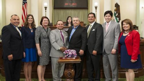 Pictured from Left to Right: ASM Freddie Rodriguez, ASM Kristin Olsen, Speaker Toni Atkins, ASM Luis Alejo, LSA Honoree Rolando Herrera, Senator Ben Hueso, Senate President pro Tempore Kevin De León, ASM Patty Lopez