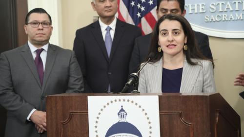 Assemblywoman Monique Limón discusses AB 1877 (Emergency Communication Translation) at the 2018 Latino Caucus Policy & Budget Priorities Press Conference (April 4, 2018)