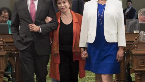 Isabel Allende (Achievement in Literature) escorted by Asm. Miguel Santiago, Sen. Dr. Ed Hernandez, and Asm. Cecilia Aguiar-Curry