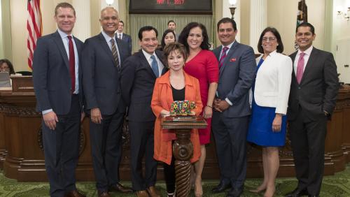 Isabel Allende (Achievement in Literature) escorted by Asm. Miguel Santiago, Sen. Dr. Ed Hernandez, and Asm. Cecilia Aguiar-Curry