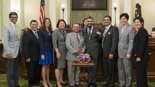 Pictured from Left to Right: ASM Henry T. Perea, ASM Eduardo Gacia, ASM Kristin Olsen, Speaker Toni Atkins, ASM Luis Alejo, LSA Honoree Sergio Romo, Senator Ben Hueso, Senate President Kevin de León, ASM Susan Talamantes Eggman